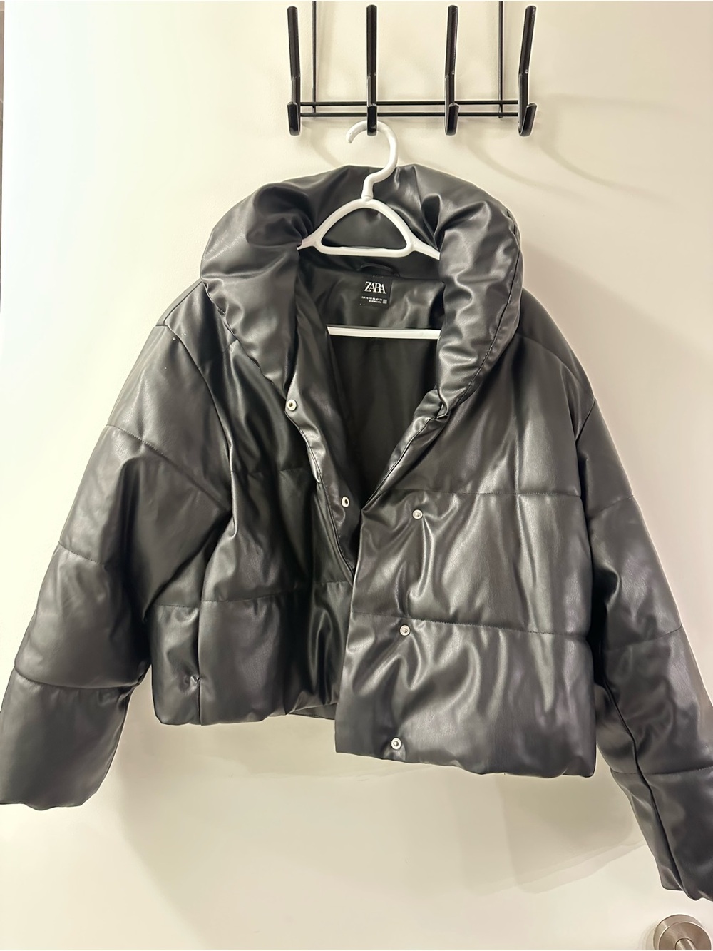 Zara Black Faux-Leather Quilted Puffer Jacket